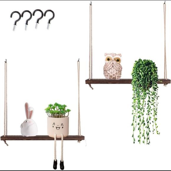 Wooden Hanging Shelves for Wall Set of 2 Hanging Plant Shelves Rustic Farmhous